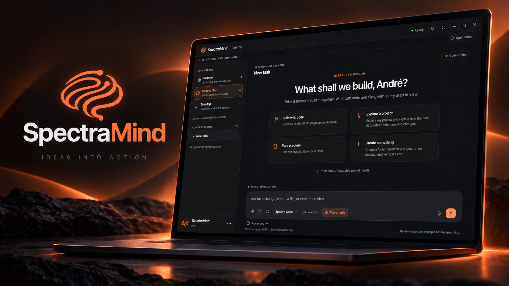 SpectraMind Desktop workspace in orange and black